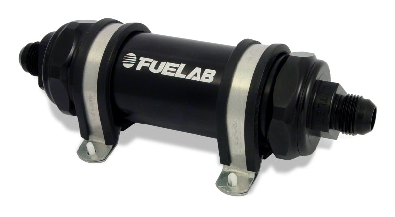 Fuelab 828 In-Line Fuel Filter Long -10AN In/Out 40 Micron Stainless - Black.