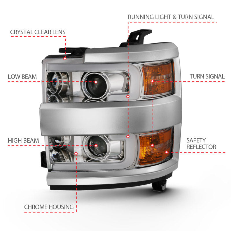 ANZO USA Chevrolet Silverado Hd Projector Headlights W/ Plank Style Design Chrome W/ Amber; 2015-2017 - eliteracefab.com