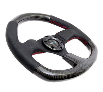 NRG Carbon Fiber Steering Wheel (320mm) Flat Bottom & Leather Trim w/Red Stitching - ST-009CFRS