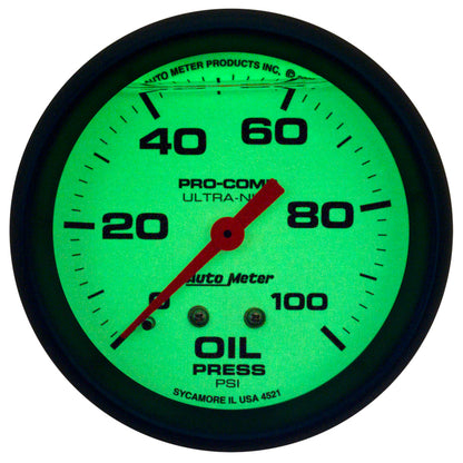 Autometer Ultra-Nite 2-5/8in 0-100 PSI Liquid Filled Mechanical Glow In Dark Oil Pressure Gauge 4221