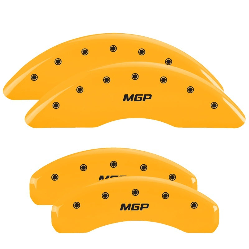 MGP 4 Caliper Covers Engraved Front & Rear MGP Yellow Finish Black Char 2018 Nissan Titan XD MGP