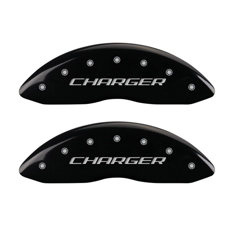 MGP 4 Caliper Covers Engraved Front Charger Engraved Rear RT Black finish silver ch MGP