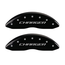 Load image into Gallery viewer, MGP 4 Caliper Covers Engraved Front Charger Engraved Rear RT Black finish silver ch MGP