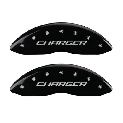 MGP 4 Caliper Covers Engraved Front & Rear Block/Charger Black finish silver ch MGP