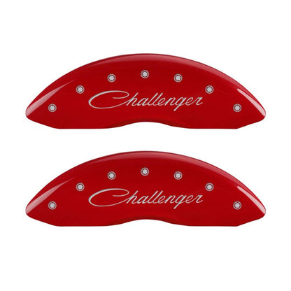 MGP 4 Caliper Covers Engraved Front Cursive/Challenger Engraved Rear RT Red finish silver ch MGP