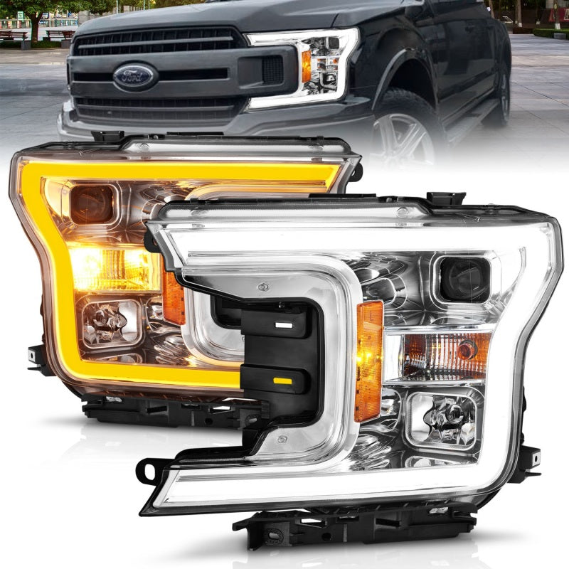 ANZO 2018-2020 Ford F-150 Projector Headlight w/Plank Style Switchback Chrome Housing - eliteracefab.com