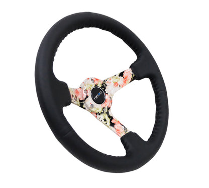 NRG Reinforced Steering Wheel (350mm / 3in. Deep) Blk Leather Floral Dipped w/ Blk Baseball Stitch - eliteracefab.com