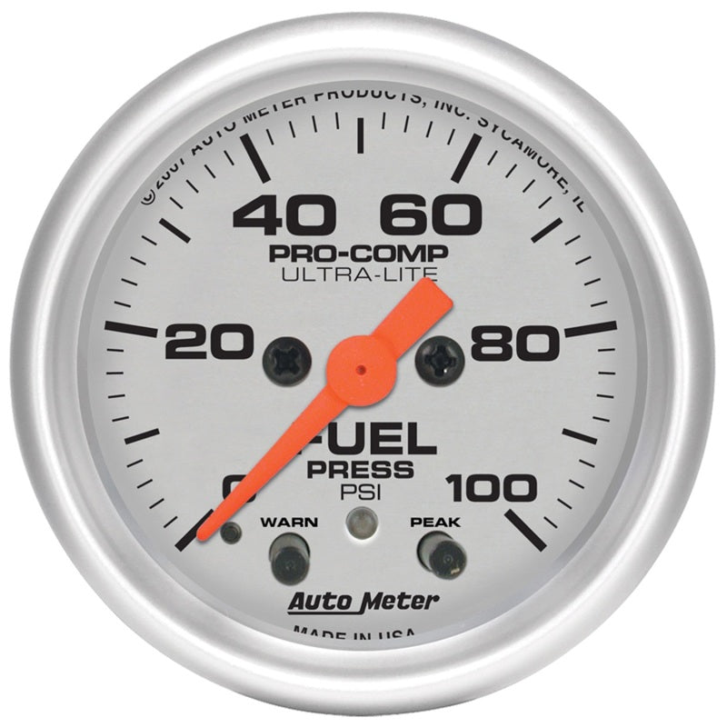 Autometer Ultra-Lite 52mm 0-100 PSI Fuel Pressure w/ Peak Memory Warning Gauge - eliteracefab.com