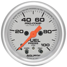 Load image into Gallery viewer, Autometer Ultra-Lite 52mm 0-100 PSI Fuel Pressure w/ Peak Memory Warning Gauge - eliteracefab.com