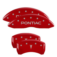 Load image into Gallery viewer, MGP 4 Caliper Covers Engraved Front Pontiac Engraved Rear Arrow Red finish silver ch - eliteracefab.com