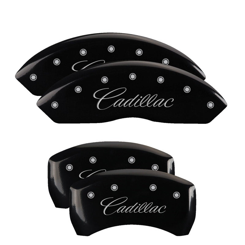 MGP 4 Caliper Covers Engraved Front Cursive/Cadillac Engraved Rear CTS Black finish silver ch MGP