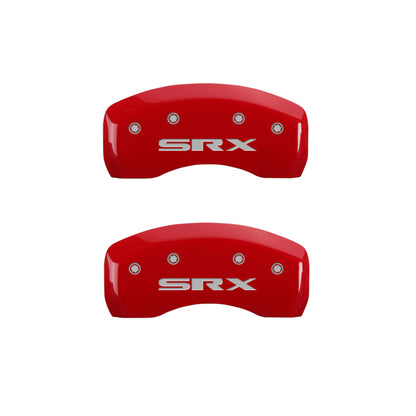 MGP 4 Caliper Covers Engraved Front Cursive/Cadillac Engraved Rear SRX Red finish silver ch MGP