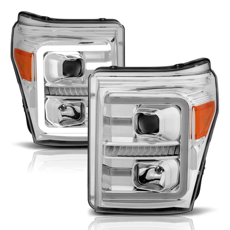 ANZO 11-16 Ford F-250/F-350/F-450 Projector Headlights w/ Plank Style Switchback Chrome w/Amber - eliteracefab.com