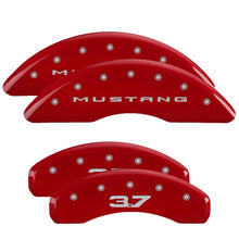 Load image into Gallery viewer, MGP 4 Caliper Covers Engraved Front 2015/Mustang Engraved Rear 2015/37 Red finish silver ch MGP