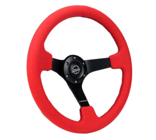 NRG Innovations 350mm Reinforced Solid-Spoke Steering Wheel - Alcantara - Red Alcantara - Black Baseball Stitch – RST-036MB-REA