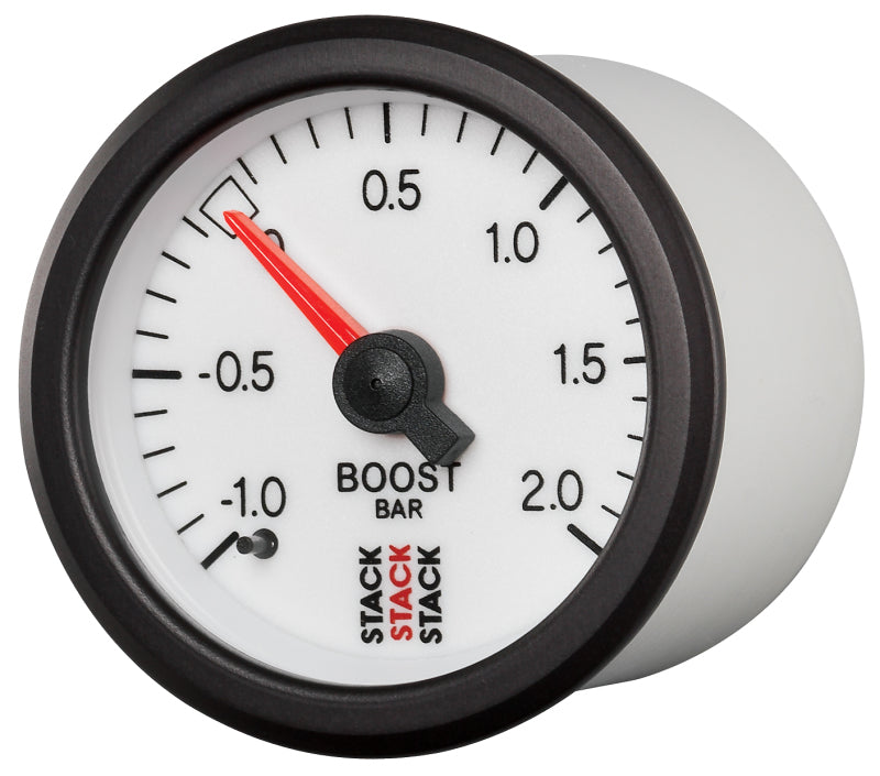 Autometer Stack 52mm -1 to +2 Bar T-Fitting 0.187in Barb (M) Mechanical Boost Pressure Gauge - White ST3161