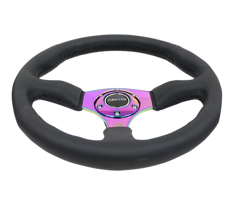 NRG Reinforced Steering Wheel (350mm / 2.5in. Deep) Leather Race Comfort Grip w/4mm Neochrome Spokes - eliteracefab.com