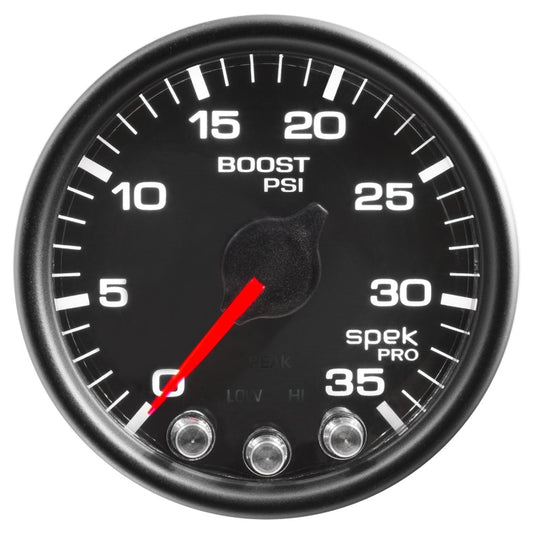 Autometer Spek-Pro Gauge Boost 2 1/16in 35psi Stepper Motor W/Peak & Warn Black/Black P30332