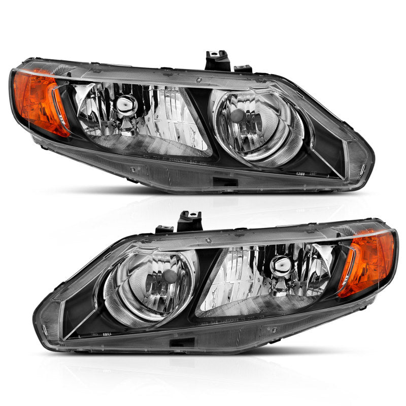 ANZO 2006-2011 Honda Civic 4 Door Crystal Headlight Black Amber (OE Replacement) - eliteracefab.com