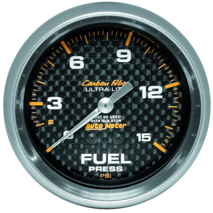 AutoMeter Gauge Fuel Pressure 2-5/8in. 15PSI Mech. Incl. Isolator Carbon Fiber 4813