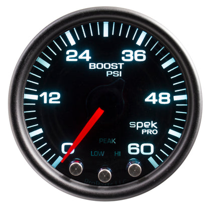 Autometer Spek-Pro Gauge Boost 2 1/16in 60psi Stepper Motor W/Peak & Warn Blk/Smoke/Black P30452