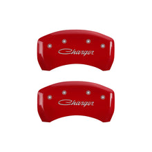 Load image into Gallery viewer, MGP 4 Caliper Covers Engraved Front &amp; Rear Cursive/Charger Red finish silver ch - eliteracefab.com