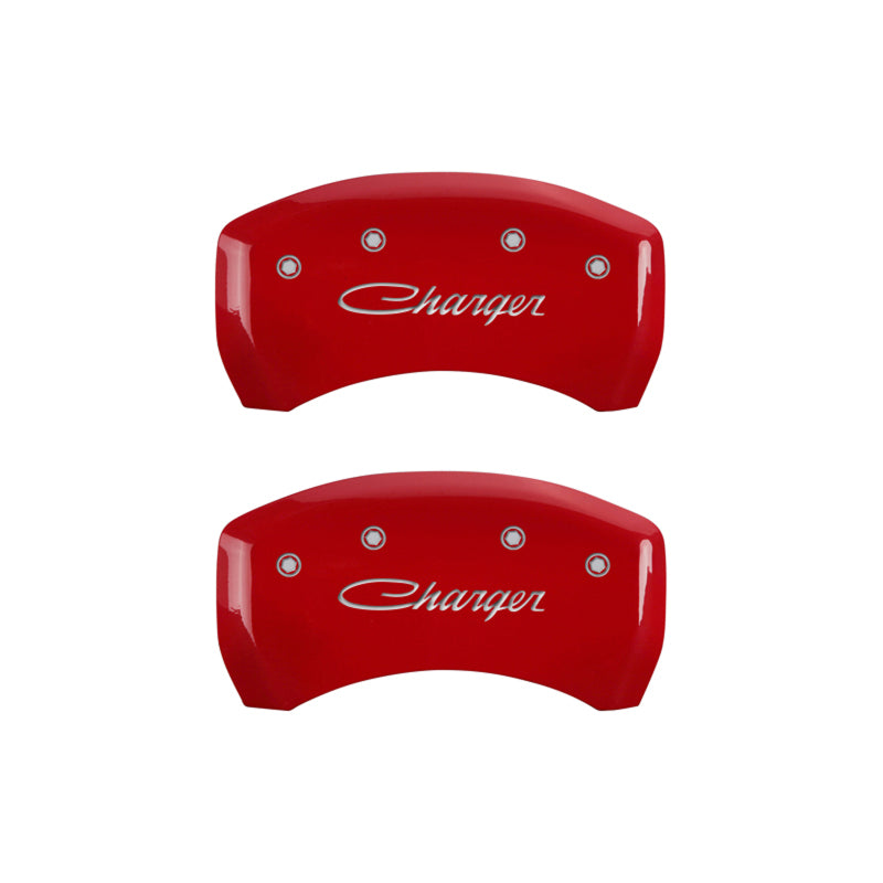 MGP 4 Caliper Covers Engraved Front & Rear Cursive/Charger Red finish silver ch - eliteracefab.com
