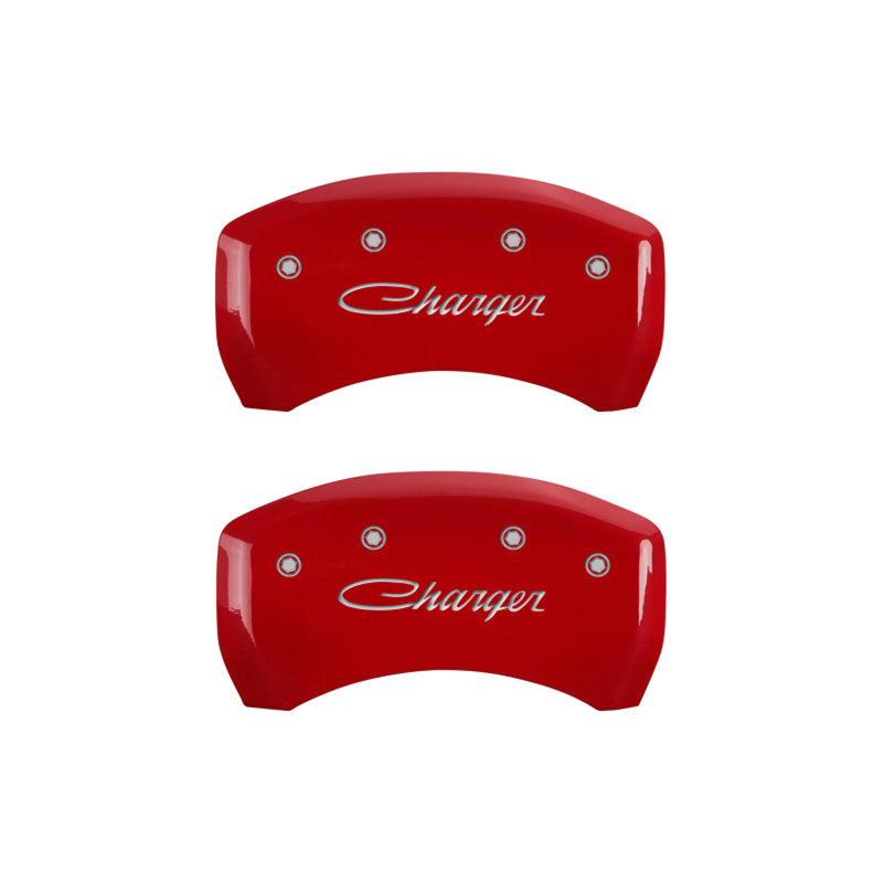 MGP 4 Caliper Covers Engraved Front & Rear Cursive/Charger Red finish silver ch MGP