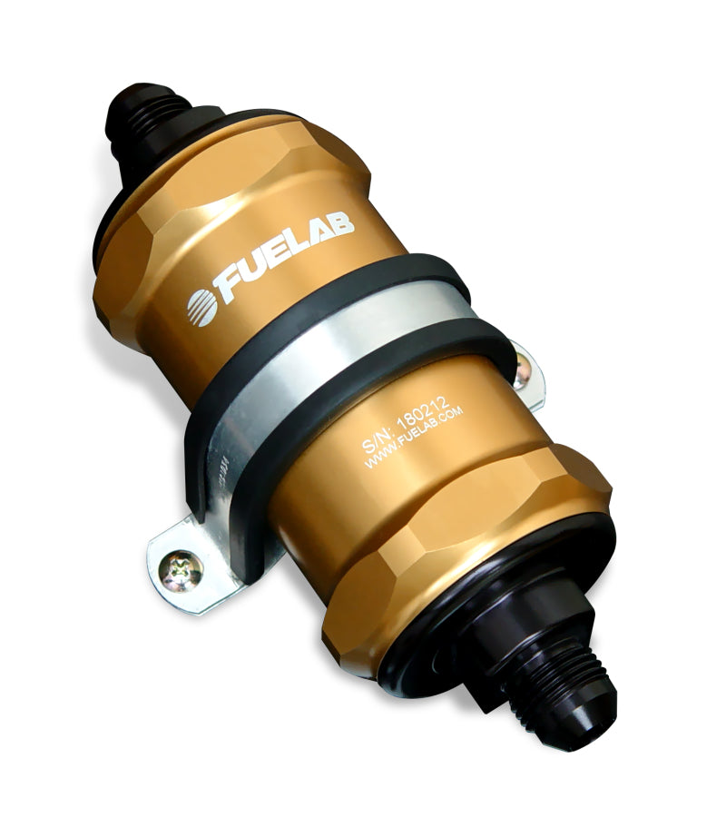 Fuelab 848 In-Line Fuel Filter Standard -8AN In/Out 10 Micron Fabric w/Check Valve - Gold