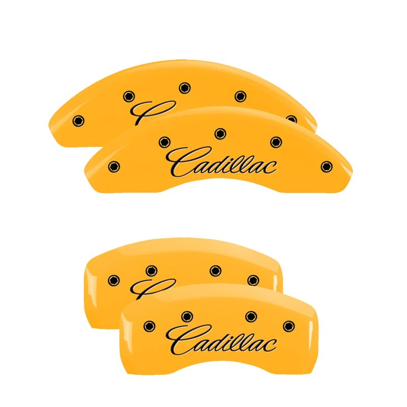 MGP 4 Caliper Covers Engraved Front & Rear Cursive/Cadillac Yellow finish black ch MGP