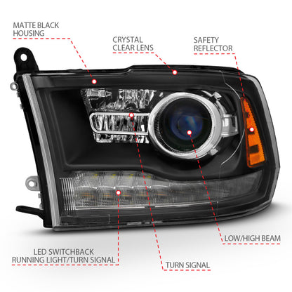 ANZO 2009-2018 Dodge Ram 1500 Projector Headlights Plank Style Halo w/Switchback Matte Black - eliteracefab.com