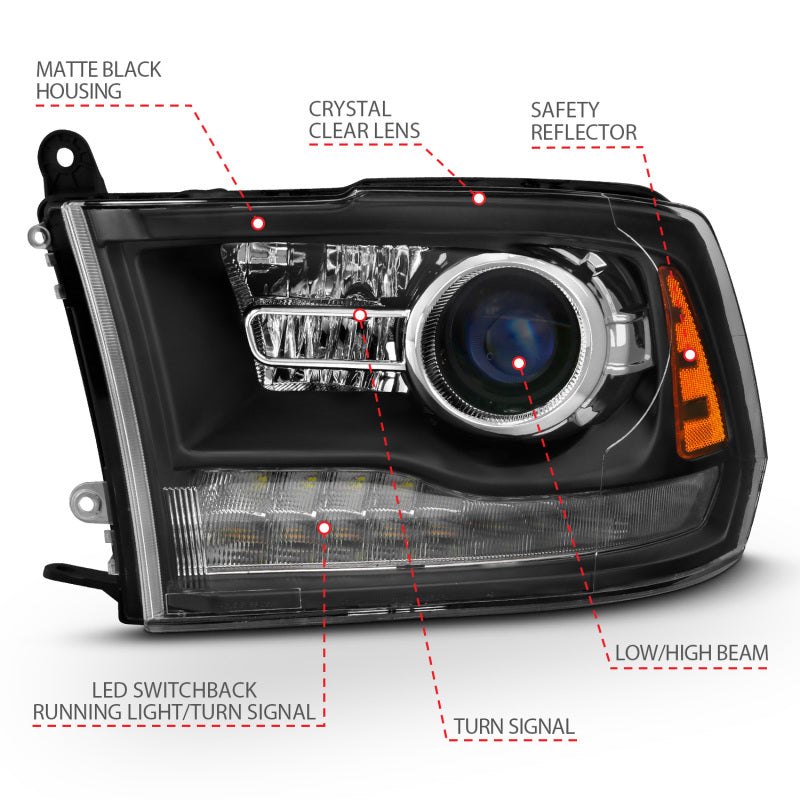 ANZO 2009-2018 Dodge Ram 1500 Projector Headlights Plank Style Halo w/Switchback Matte Black - eliteracefab.com