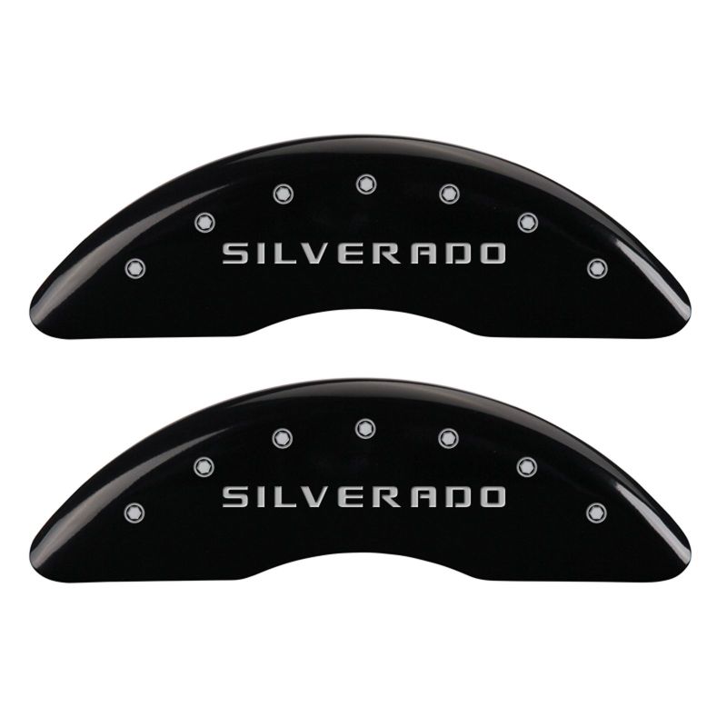 MGP 4 Caliper Covers Engraved Front & Rear Silverado Black finish silver ch MGP