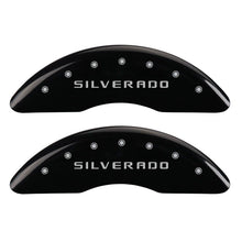 Load image into Gallery viewer, MGP 4 Caliper Covers Engraved Front &amp; Rear Silverado Black finish silver ch MGP