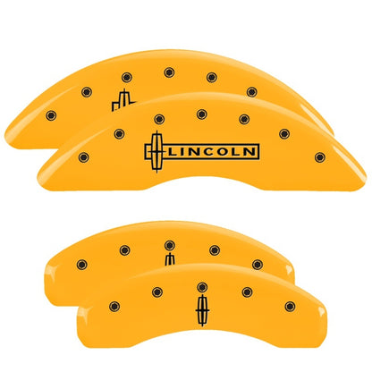 MGP 4 Caliper Covers Engraved Front Cursive/Cadillac Engraved Rear CTS Yellow finish black ch MGP