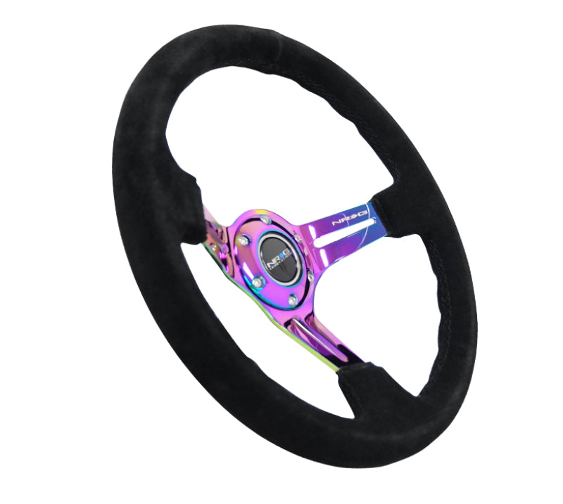 NRG Reinforced Sport Steering Wheel 350mm Suede 3 Inch Deep Black Stitch NeoChrome Slits - eliteracefab.com