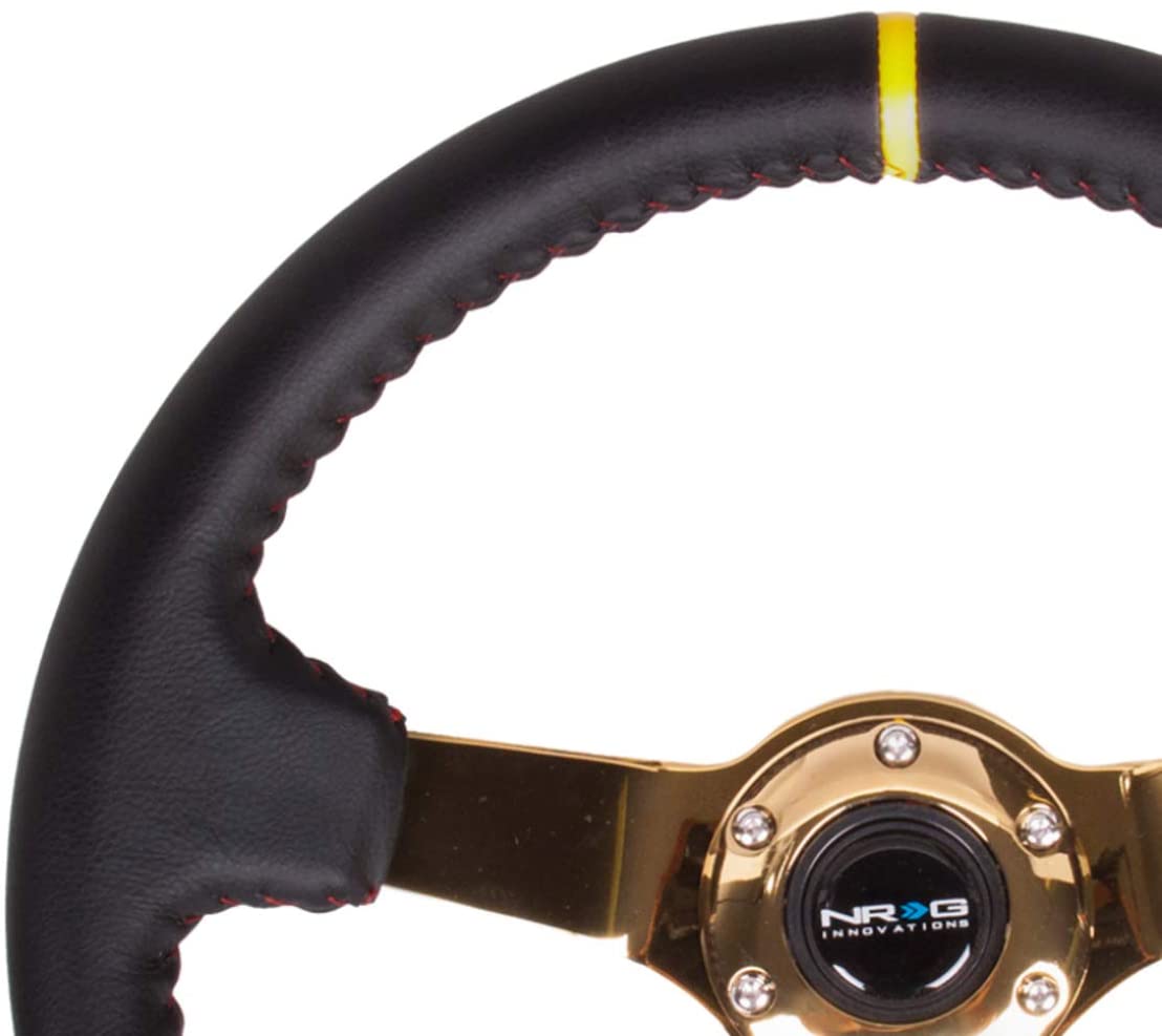 NRG Reinforced Sport Steering Wheel 350mm 3 Inch Deep black Suede with red Baseball Stitching Chrome Gold Spoke - eliteracefab.com