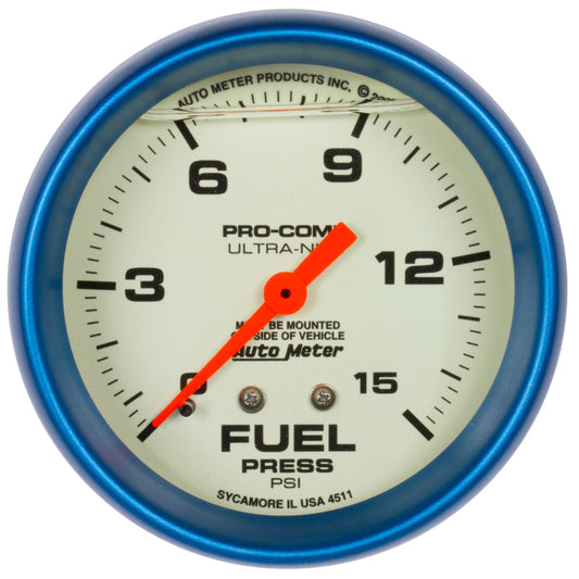 Autometer Ultra-Nite 2-5/8in 15psi Mechanical Glow In The Dark Fuel Pressure Gauge 4211
