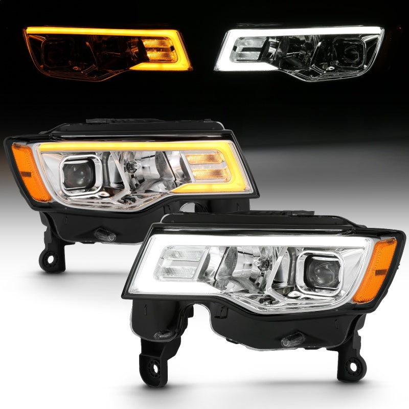 ANZO 2017-2018 Jeep Grand Cherokee Projector Headlights w/ Plank Style Switchback - Chrome w/ Amber - eliteracefab.com