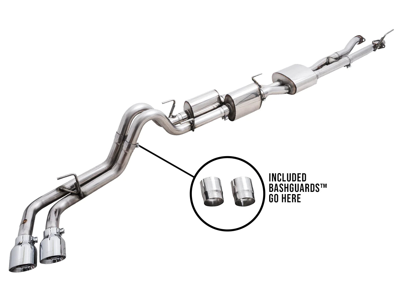 AWE 16-22 Toyota Tacoma 0FG Catback Exhaust w/ BashGuard - Dual Chrome Silver Tips - eliteracefab.com