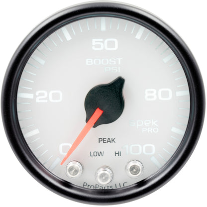 Autometer Spek-Pro Gauge Boost 2 1/16in 100psi Stepper Motor W/Peak & Warn Wht/Blk P30512