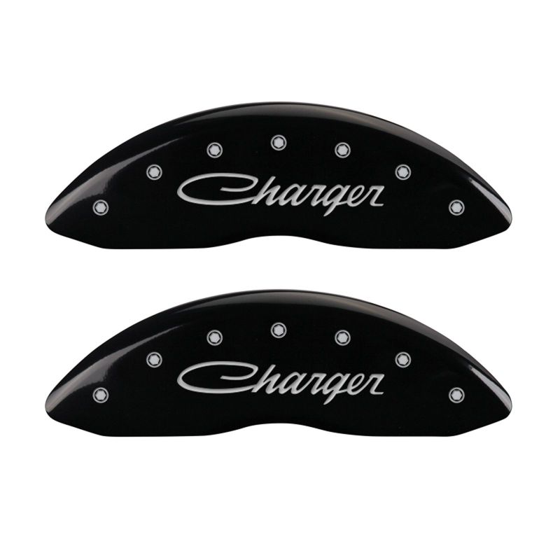 MGP 4 Caliper Covers Engraved Front & Rear Cursive/Charger Black finish silver ch MGP