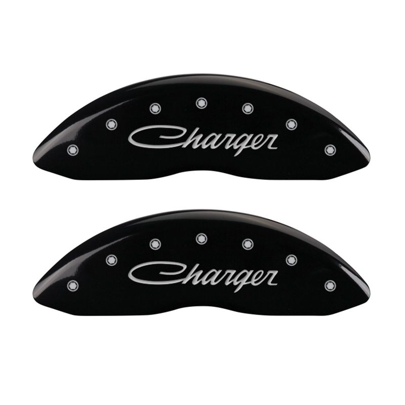 MGP 4 Caliper Covers Engraved Front & Rear Cursive/Charger Black finish silver ch MGP