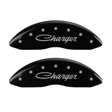 Load image into Gallery viewer, MGP 4 Caliper Covers Engraved Front &amp; Rear Cursive/Charger Black finish silver ch MGP