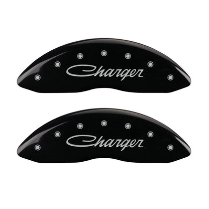 MGP 4 Caliper Covers Engraved Front & Rear Cursive/Charger Black finish silver ch MGP