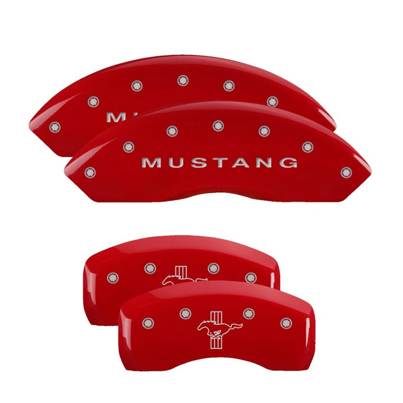 MGP 4 Caliper Covers Engraved Front Mustang Engraved Rear Bar & Pony Red finish silver ch MGP