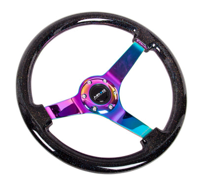 NRG Reinforced Steering Wheel 350mm Classic Black Sparkled Wood Grain Wheel 3 Inch Deep 4mm3-Spoke Center Neochrome - eliteracefab.com