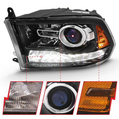 ANZO 2009-2018 Dodge Ram 1500 Projector Plank Style Switchback H.L Halo Black Amber (OE Style) - eliteracefab.com