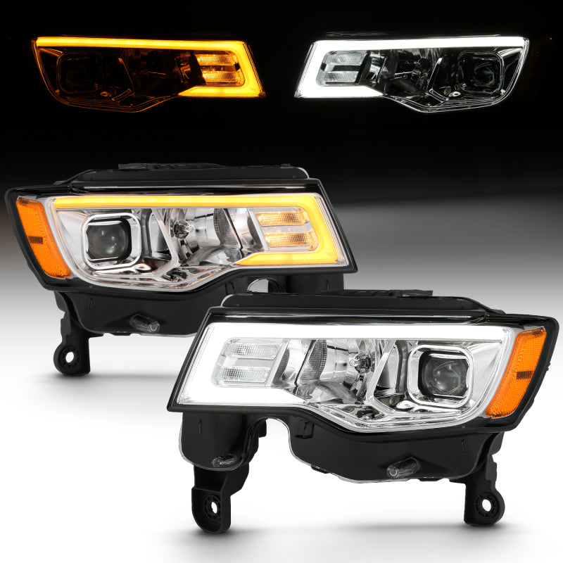 ANZO 2017-2018 Jeep Grand Cherokee Projector Headlights w/ Plank Style Switchback - Chrome w/ Amber - eliteracefab.com