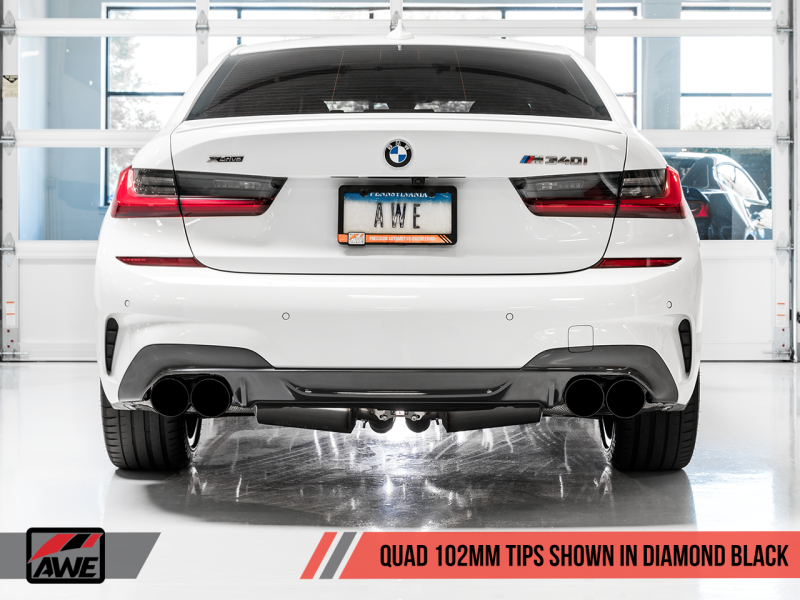 AWE Tuning 2019+ BMW M340i (G20) Resonated Touring Edition Exhaust - Quad Diamond Black Tips - eliteracefab.com